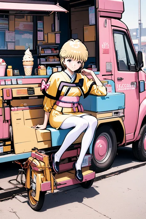 anime girl sitting on a pink truck with a pink ice cream truck behind her