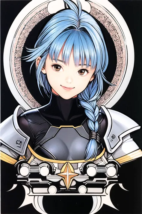 1girl, solo, braid, armor, blue hair, smile, brown eyes, looking at viewer, ahoge, upper body, short hair, breastplate, black background, bodysuit, bangs,   <lora:guizhenghe_64:0.9>