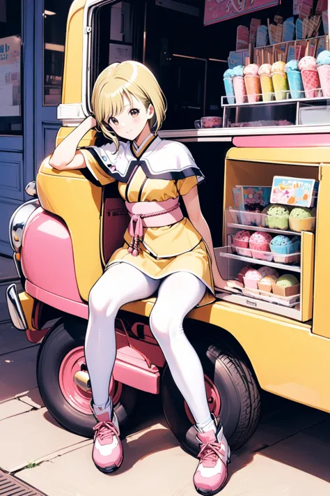 1girl, solo, Ai Amano, Video Girl Ai, short blonde hair, brown eyes, sitting beside ice cream truck, yellow short kimono white pantyhose white capelet pink obi pink bow <lora:Katsura Masakazu_XL_V2:0.9>,