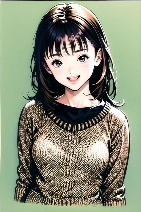Yoshizuki iori, 1girl, solo, smile, brown hair, looking at viewer, brown eyes, open mouth, sweater, upper body, head tilt, :d, b...