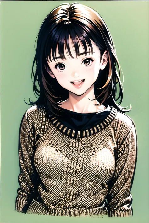 Yoshizuki iori, 1 Mädchen, Allein, lächeln, braune Haare, Betrachter betrachten, braune Augen, offener Mund, Pullover, upper boDy, heaD tilt, :D, bangs,  