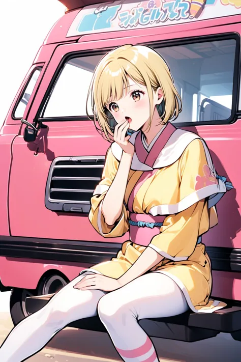 Ai Amano, 1girl, solo, short blonde hair, brown eyes, bored expression, yawning, sitting beside ice cream truck, yellow short kimono white pantyhose white capelet pink obi pink bow,<lora:Katsura Masakazu_XL_V2:0.8>,