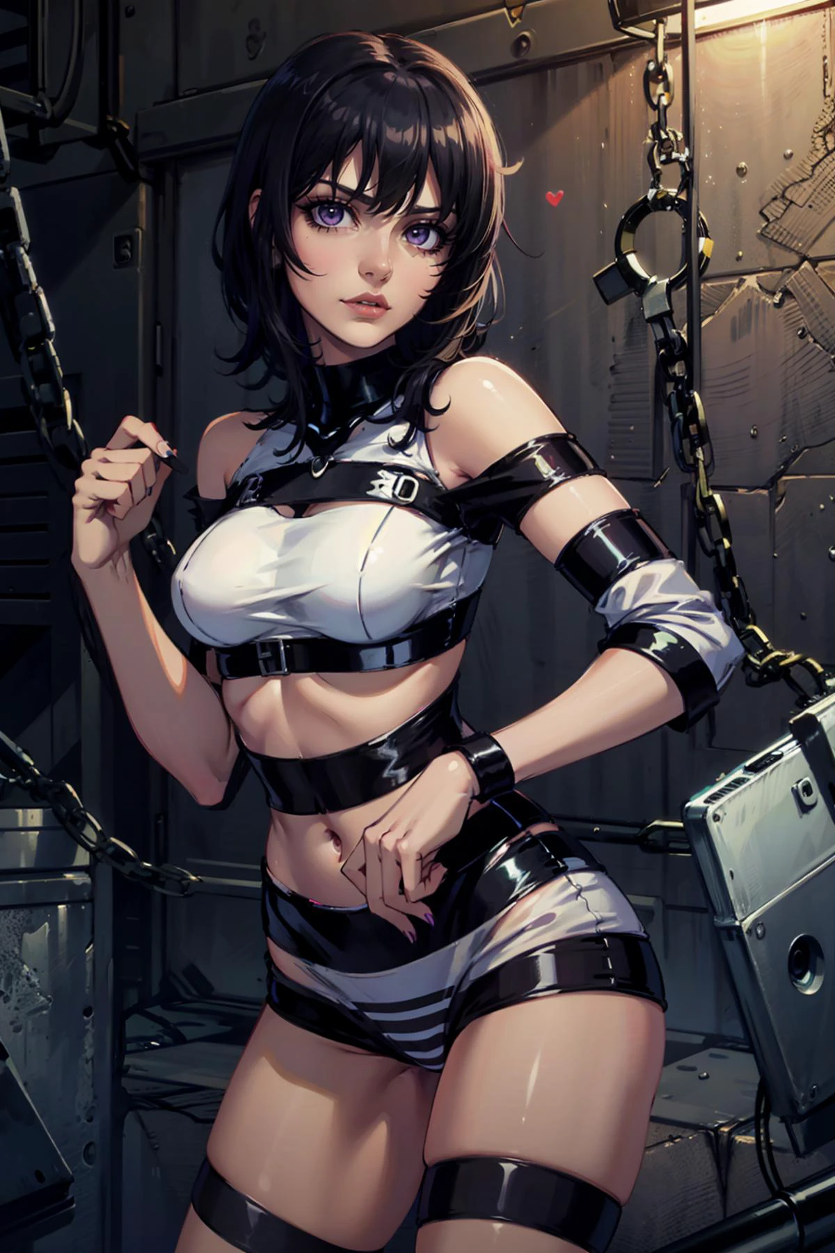 highres, masterpiece, perfect lighting, bloom, cinematic lighting, adult, female, looking at viewer, cowboy shot, (RSEEmma:1.5)(edgHJ, striped clothing, wearing edgHJ,) jail outfit, prison outfit, BONK, behind bars, jail, prison, goth girl, goth makeup, pale skin, bangs, short hair, jet black hair, purple eyes, scowl, 
