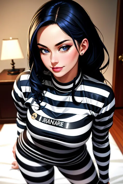 ((Masterpiece, best quality)),edgQuality,smirk,smug,
edgHJ,striped clothing, a woman in a jail outfit posing for a picture ,wear...