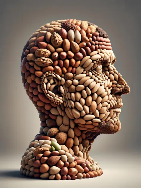 A surrealistic portrait of a thinker, their head composed of a complex array of different ais-nutz, symbolizing the diversity of...