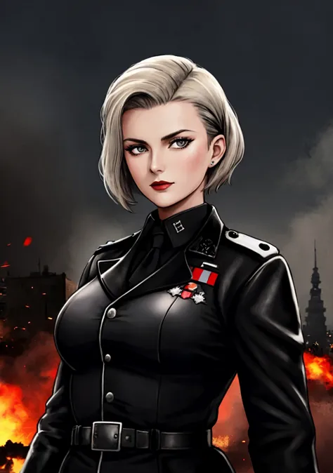 a woman in a black uniform standing in front of a fire