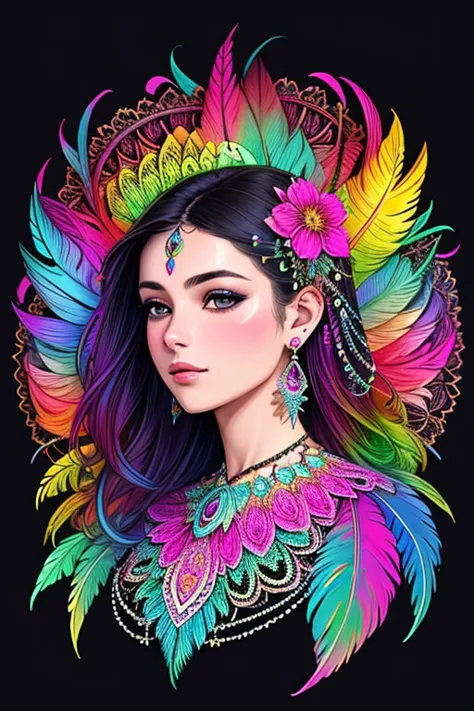 a woman with colorful feathers and a headdress