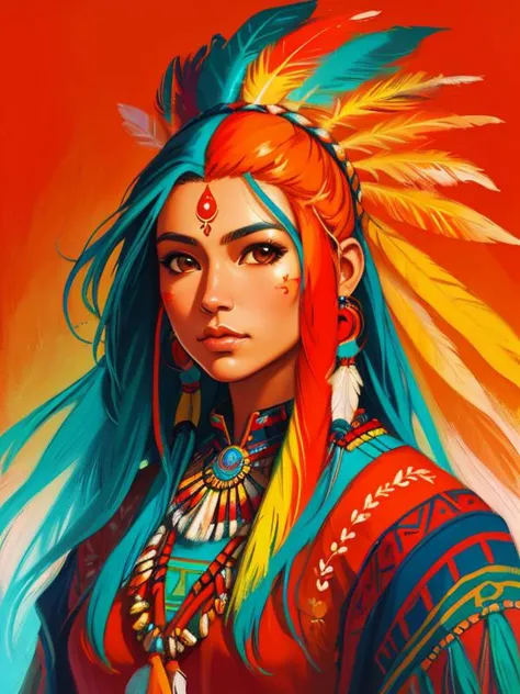 a woman with colorful hair and feathers on her head