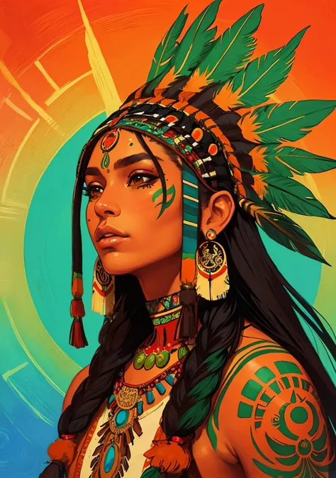 a painting, a psychedelic portrait of a stunning north american indian, face tattoos, in a sioux dress, (elaborate epic headdress), front page of art station, video game characters designs, vibrantly colored, tan skin, orange flowing hair, header, AbsinthePunk setting (masterpiece:1.2) (best quality) (detailed) (intricate)