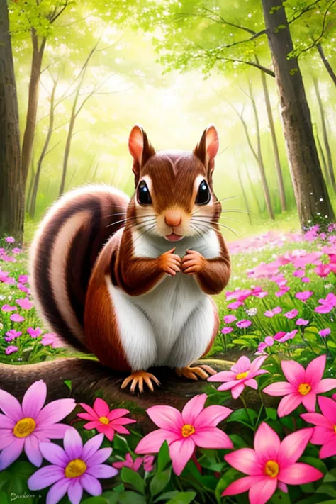 a painting of a squirrel sitting on a tree branch in a forest