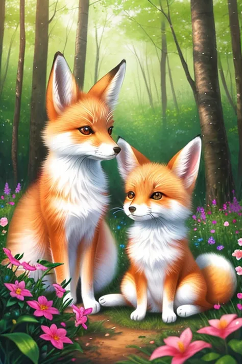 two foxes in the woods with flowers and trees