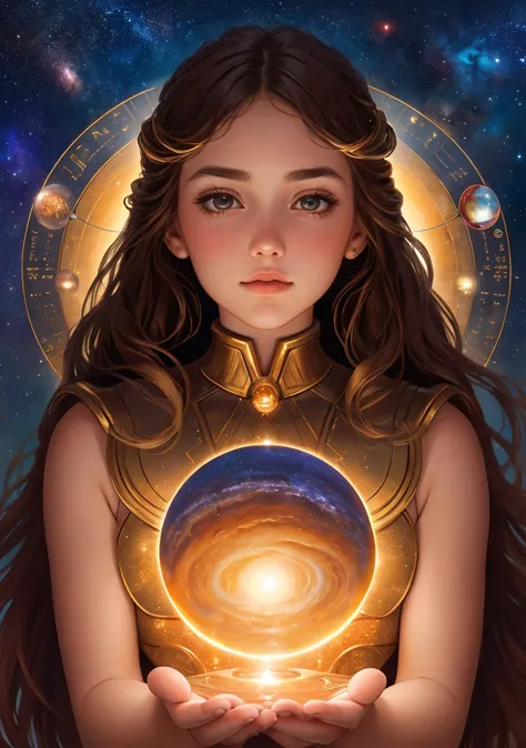 The girl holds in front of her face in her hands the solar system, space, stars, surreal, fantastic, detailed hands, portrait photo, lots of details, high quality,Style-NebMagic,