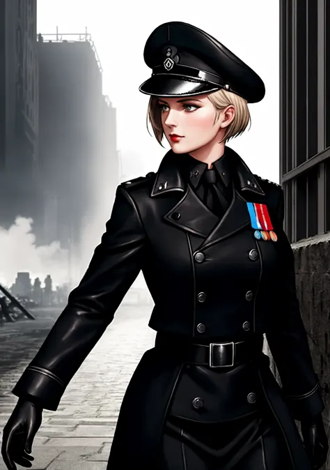 Deutsche Kriegsmarine woman officer,30 yo,World War II,(Black form:1.4),German cross,short haircut,leather coat,Hurry look,Gothic style,Color photo,Complex background burning city,