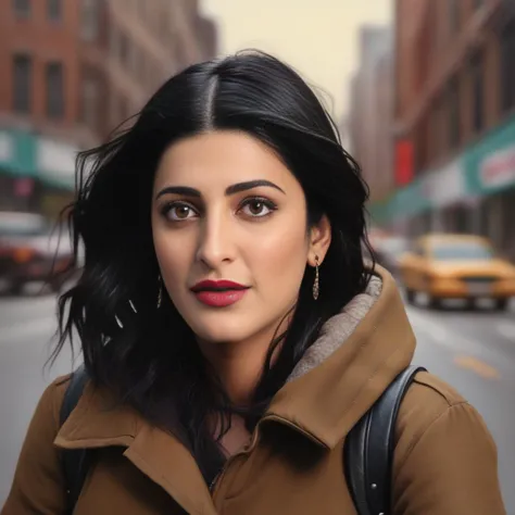 ShrutiHaasan, art by Greg Girard,art by Deirdre Sullivan-Beeman, portrait, lush roots,close up of a Unappetizing tiny Woman, Geographer, wearing Ashkenazi Duffle coat, Look into the Distance, city street with Chestnut, Cel shaded, F/8,  <lora:ShrutiHaasanSDXL:1>