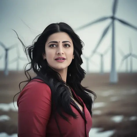 a woman in a red shirt standing in front of wind turbines