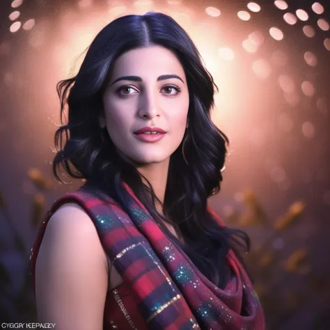 ShrutiHaasan, portrait,close up of a Holistic (Female:1.1) as Malian Goddess, Mecha- Black hair, Heartwarming Tartan Scarf, Blindfold, Belts, lush fauna, Stars in the sky, Bokeh, Reflected light, Bronze neon hue, Light streaks, under water, [art by Gyrgy Kepes,art by David Burdeny:15],  <lora:ShrutiHaasanSDXL:1>