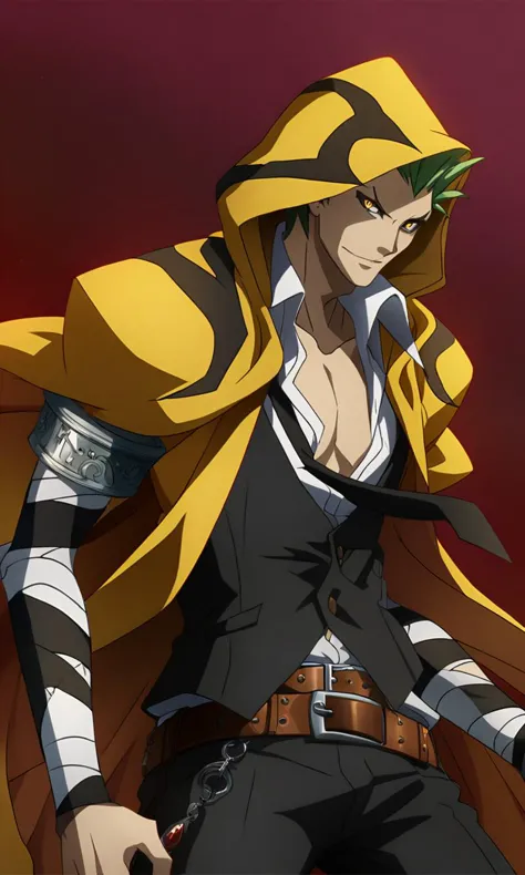 anime artwork illustrating terumibb,1boy,yellow eyes,snake-slit-styled eyes,short hair,green hair,spiked hair,hooded yellow cape...