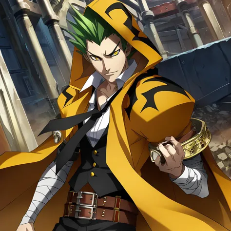 anime artwork illustrating terumibb,1boy,yellow eyes,short hair,green hair,spiked hair,hooded yellow cape with black markings,(2...