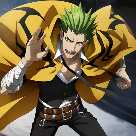 anime artwork illustrating terumibb,1boy,yellow eyes,short hair,green hair,spiked hair,hooded yellow cape with black markings,(2...