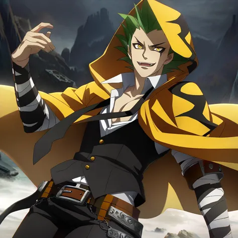 anime artwork illustrating TerumiBB,1boy,yellow eyes,snake-slit-styled eyes,short hair,green hair,spiked hair,hooded yellow cape with black markings,(2 belts),black pants,black ribbons,bandaged arms,black vest,open shirt,loose black necktie,black pants,steel-toed-shoes. created by japanese anime studio. highly emotional. best quality, high resolution, HDR photo of TerumiBB,1boy,yellow eyes,snake-slit-styled eyes,short hair,green hair,spiked hair,hooded yellow cape with black markings,(2 belts),black pants,black ribbons,bandaged arms,black vest,open shirt,loose black necktie,black pants,steel-toed-shoes . High dynamic range, vivid, rich details, clear shadows and highlights, realistic, intense, enhanced contrast, highly detailed, TerumiBB,1boy,yellow eyes,snake-slit-styled eyes,short hair,green hair,spiked hair,hooded yellow cape with black markings,(2 belts),black pants,black ribbons,bandaged arms,black vest,open shirt,loose black necktie,black pants,steel-toed-shoes, highly detailed, winning, intricate, background, beautiful, cinematic, rich vivid colors, ambient light, dynamic, vibrant, romantic, full detail, advanced, great, inspiring, thought, perfect, stunning, cute, best, surreal, inspired, pretty, attractive, artistic, new, creative, positive, unique, loving, relaxed, joyful, cool, friendly, futuristic