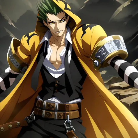 anime artwork illustrating TerumiBB,1boy,yellow eyes,short hair,green hair,spiked hair,hooded yellow cape with black markings,(2 belts),black pants,black ribbons,bandaged arms,black vest,open shirt,loose black necktie,black pants,steel-toed-shoes. created by japanese anime studio. highly emotional. best quality, high resolution, HDR photo of TerumiBB,1boy,yellow eyes,short hair,green hair,spiked hair,hooded yellow cape with black markings,(2 belts),black pants,black ribbons,bandaged arms,black vest,open shirt,loose black necktie,black pants,steel-toed-shoes . High dynamic range, vivid, rich details, clear shadows and highlights, realistic, intense, enhanced contrast, highly detailed, TerumiBB,1boy,yellow eyes,short hair,green hair,spiked hair,hooded yellow cape with black markings,(2 belts),black pants,black ribbons,bandaged arms,black vest,open shirt,loose black necktie,black pants,steel-toed-shoes, extremely detailed, winning, smart, beautiful