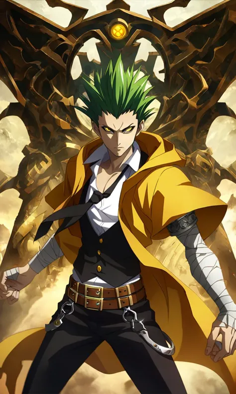 anime artwork illustrating terumibb,1boy,yellow eyes,snake-slit-styled eyes,short hair,green hair,spiked hair,hooded yellow cape...