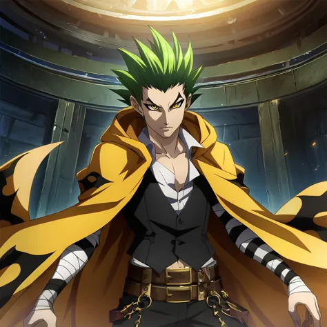 anime artwork illustrating TerumiBB,1boy,yellow eyes,snake-slit-styled eyes,short hair,green hair,spiked hair,hooded yellow cape with black markings,(2 belts),black pants,black ribbons,bandaged arms,black vest,open shirt,loose black necktie,black pants,steel-toed-shoes. created by japanese anime studio. highly emotional. best quality, high resolution, HDR photo of TerumiBB,1boy,yellow eyes,snake-slit-styled eyes,short hair,green hair,spiked hair,hooded yellow cape with black markings,(2 belts),black pants,black ribbons,bandaged arms,black vest,open shirt,loose black necktie,black pants,steel-toed-shoes . High dynamic range, vivid, rich details, clear shadows and highlights, realistic, intense, enhanced contrast, highly detailed, TerumiBB,1boy,yellow eyes,snake-slit-styled eyes,short hair,green hair,spiked hair,hooded yellow cape with black markings,(2 belts),black pants,black ribbons,bandaged arms,black vest,open shirt,loose black necktie,black pants,steel-toed-shoes, modern, fantastic, intricate, highly detailed, cinematic, light, dynamic, atmosphere, created, pleasing, beautiful, color, perfect, sharp focus, elegant, rich detail, unique, lovely, cute, confident, epic, best, creative, ambient, artistic, new, romantic, inspirational, passionate, amazing, flawless, focused, awesome, quality, thoughtful, extremely