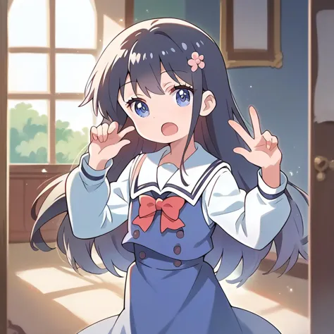 anime girl in a blue dress with a bow making a peace sign