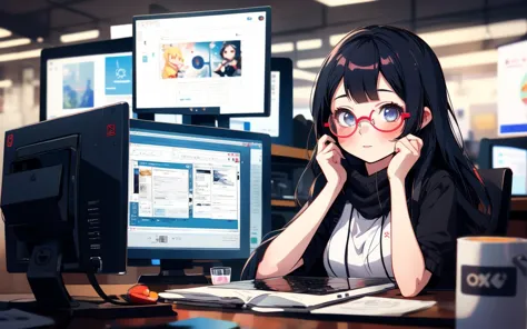 anime girl sitting at a desk with a computer and a monitor