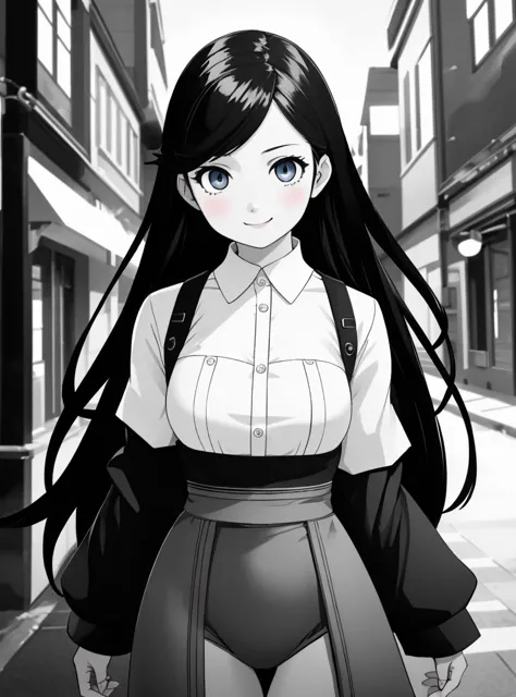 anime girl with long black hair walking down a street