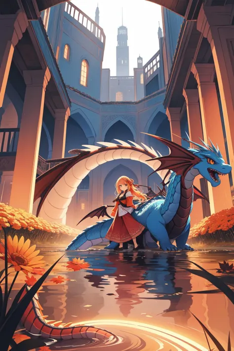 a woman and a dragon are standing in a pond of water