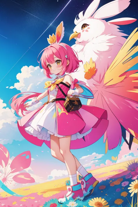 a girl in a pink dress holding a bird and a bag