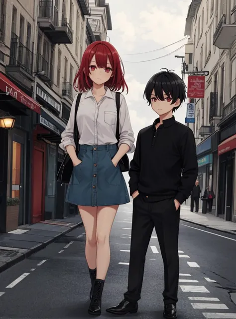 anime couple standing in the middle of a city street