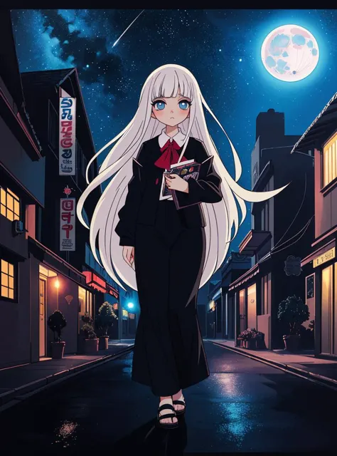 ((pop surrealism)), ((Lowbrow art)), style of Mark Ryden, (colorful), cinematic lighting, full body
1girl, long white hair, wide eyes, eyelashes, concept art, Dreampop cityscape, posing, illuminate, illumination: 0.3, night sky, (waifu, anime, best aesthetic, extremely detailed:1.2), moonlight, Volumetric Lighting, traditional media, bokeh background