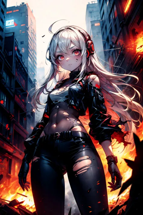 1girl, character focus, looking at viewer, red eyes, long hair, white hair, expressionless, defiant, torn clothes, undead, cyberpunk\(theme\), cowboy shot, wind, fire, city ruins, fog, dynamic angle, from below, close-up