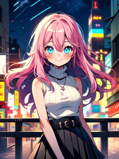 a girl with pink hair and blue eyes standing in front of a fence