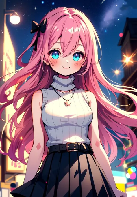 a girl with long pink hair and blue eyes standing in the street