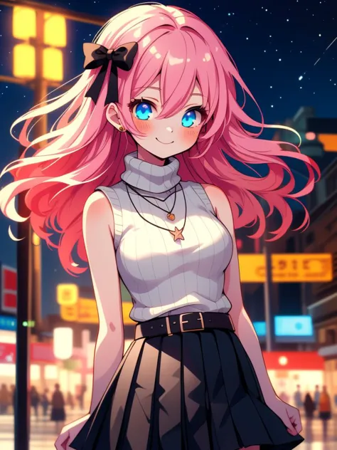 a girl with pink hair and blue eyes standing in front of a street