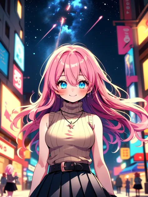 a girl with pink hair and blue eyes standing in the middle of a city