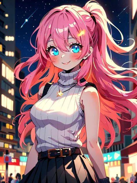 a woman with pink hair and blue eyes standing in a city