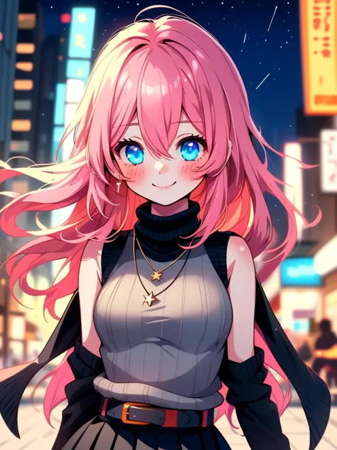 a woman with pink hair and blue eyes walking down a street