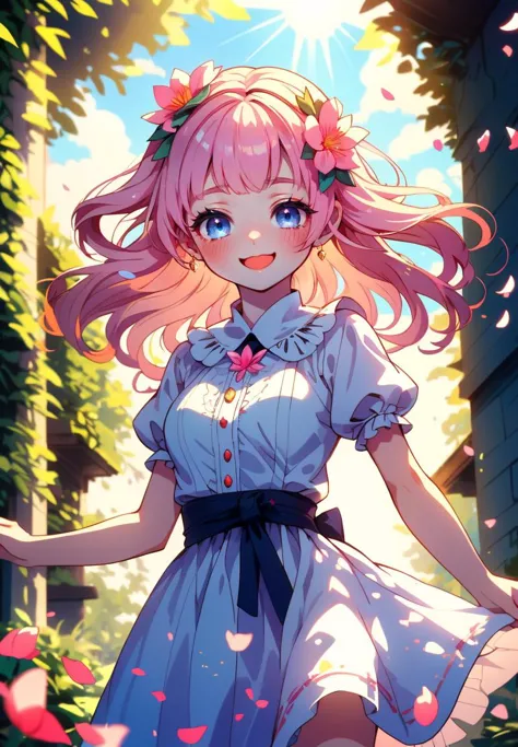 (Ultra-HD-details, discreet, emphasized-details, life-size-body, cutesie)
In daylight's embrace, 'neath the sun's warm glow
A princess with hair like pink petals in flow.
Eyes of deep blue, a sky's serene hue
In her white dress, she dances anew.
A kingdom's joy, in her smile resides
Through gardens and halls, where laughter abides.
Her spirit, a beacon of light and of pride
In her, the essence of grace is implied.