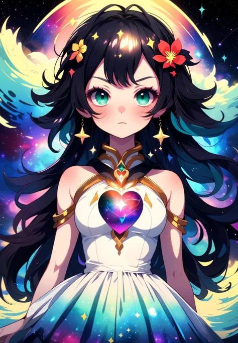 a girl with long hair and a white dress holding a heart