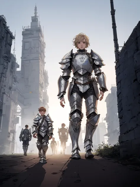 a group of people in armor walking down a street