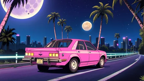 (retrowave), (road), (car), (enormous moon), (palm trees on the side of the road), (pink and blue color scheme), (purple neon li...