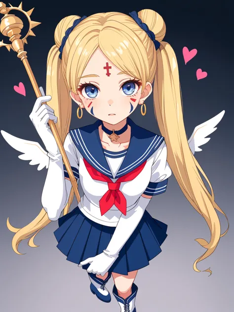 1girl, blonde hair, blue eyes, blue sailor collar, boots, brooch, choker, closed mouth, crescent, crescent earrings, crescent facial mark, double bun, earrings, elbow gloves, facial mark, forehead mark, gloves, hair bun, hair ornament, heart brooch, heart choker, holding, holding staff, holding wand, jewelry, knee boots, layered skirt, long hair, looking at viewer, magical girl, miniskirt, multicolored clothes, multicolored skirt, parted bangs, sailor collar, sailor senshi uniform, skirt, solo, staff, twintails, very long hair, white footwear, white gloves, white wings, wings, detailed eyes, detailed face, detailed hair, specular highlights
\\ Made with ONE FOR ALL checkpoint by Chaos Experience @ https://civitai.com/user/ChaosExperience/ \\