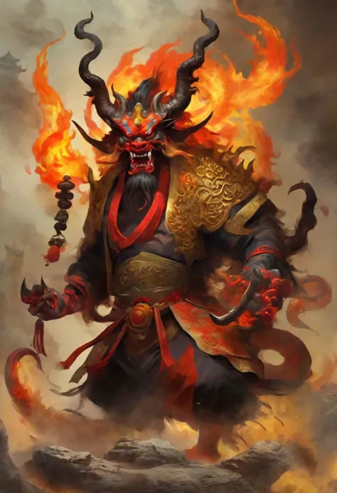 Design a (((Chinese demon))) that embodies the intersection of malevolence and mystique. Its features include intricate horns, e...