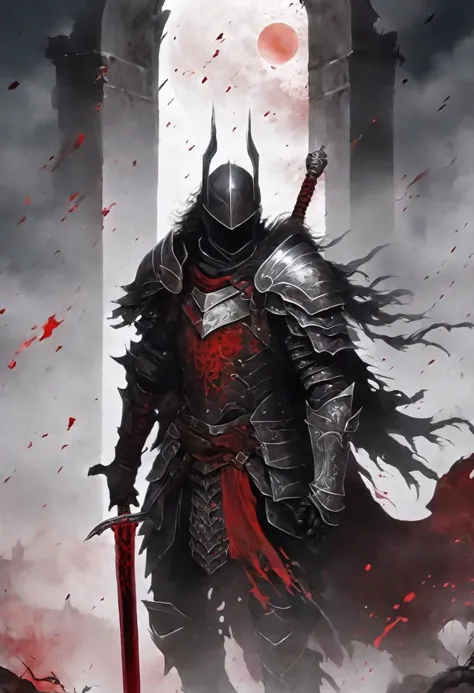 a man , clad in dark mist , wearing black and red and white armor, he has blood stains on him, his armor is damaged , he wields ...
