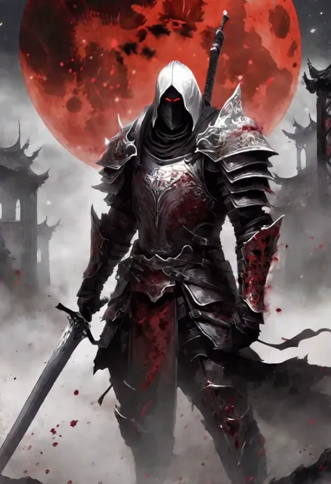 a man , clad in dark mist , wearing black and red and white armor, he has blood stains on him, his armor is damaged , he wields ...
