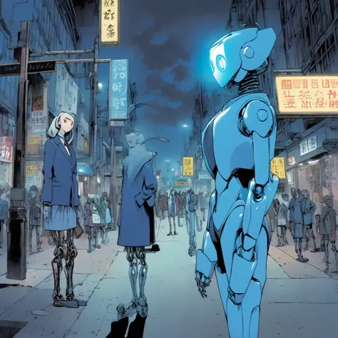 1girl, blue suit, looking at viewer, bus stop bench, street lamp glow, background: humanoid robots crossing street, sign that sa...